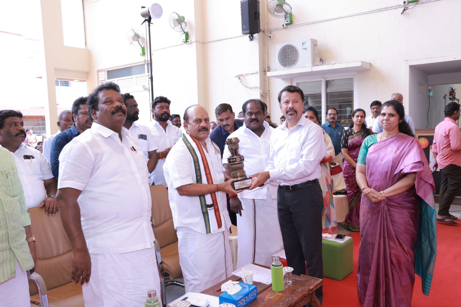 Honouring Mr. T.M.Anbarasan, Minister for MS&ME Government of Tamil Nadu on the inauguration of Holy Sai Basketball Turf